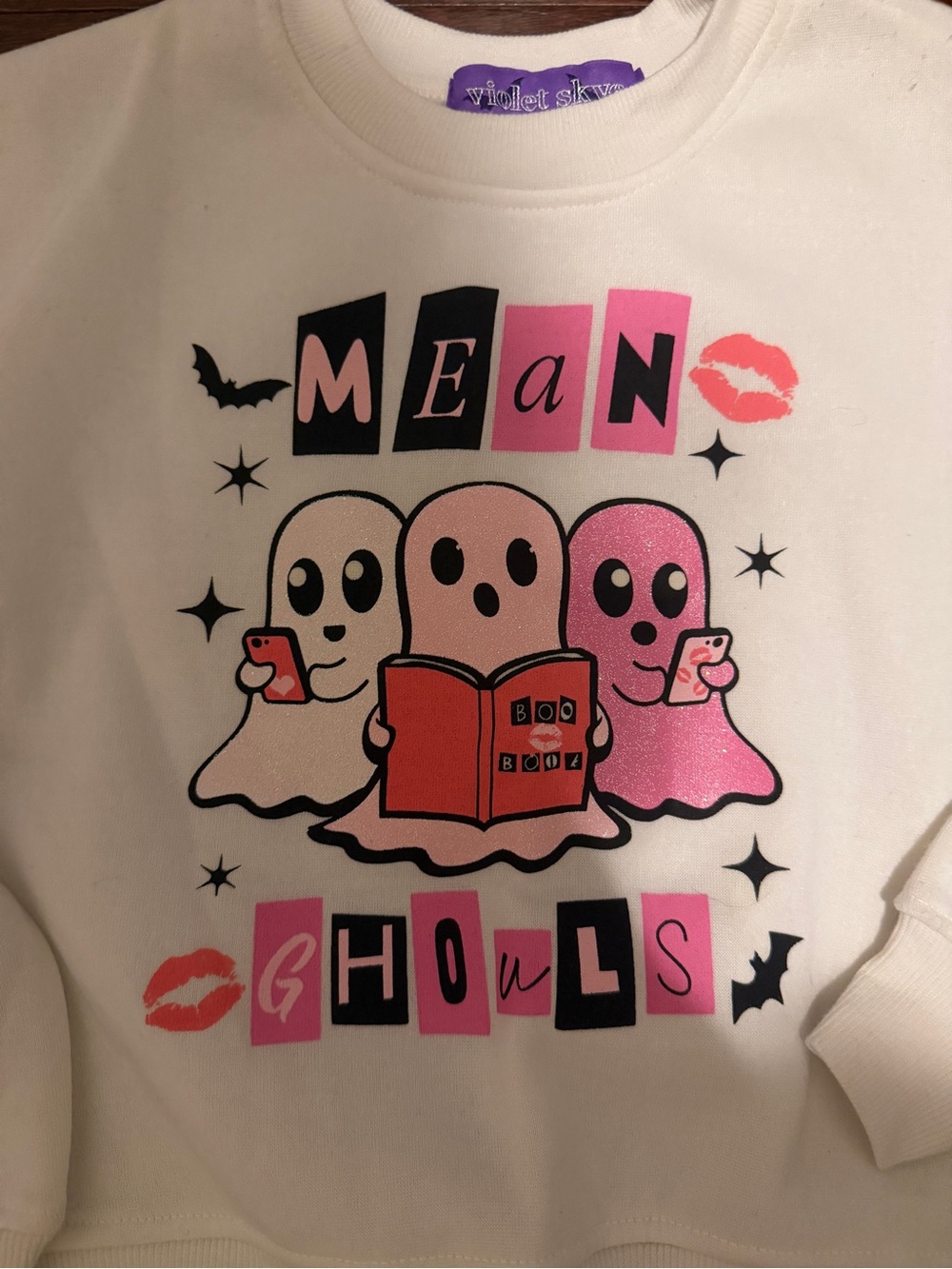 Violet Skye White Sweatshirt with Pink & Black 'Mean Ghouls' Graphic Small 6/7